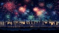 Illustration of The fireworks over the metropolis lit up the night sky like a million stars Royalty Free Stock Photo