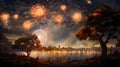 Illustration of fireworks shooting against a night background over a pond and city park. New Year\'s fun and festiv Royalty Free Stock Photo