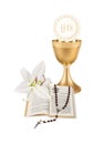 The first Holy Communion, an illustration with a cup, a host, a lily, a bible and a rosary Royalty Free Stock Photo