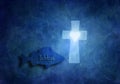 Fish with Ichtys sign swimming in the blue sea and a christian cross with a heart symbolizing Gods love in times of persecution