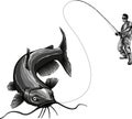 monochromatic illustration of fisherman catching a catfish Royalty Free Stock Photo