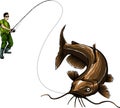 vector illustration of fisherman catching a catfish Royalty Free Stock Photo