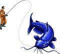vector illustration of fisherman catching a catfish Royalty Free Stock Photo