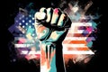 Illustration of fist rising over United States of America flag