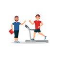 Fitness coach and young man on treadmill. Active workout. People in sportswear. Flat vector design Royalty Free Stock Photo