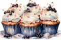 An illustration of five brown cupcakes in blue liners with whipped cream and purple currants berry decorations on a