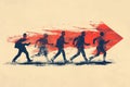 Illustration of five businessmen running in the direction of the red arrow.