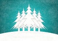 Illustration of five Christmas Trees standing on a hill against a green textured background