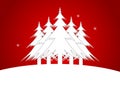 Illustration of five Christmas Trees standing on a hill against a red background