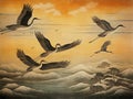 illustration of five cranes flying over trees and mountains