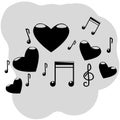 Illustration of five hearts with musical symbols, notes, treble clef of black color with highlights on a gray background