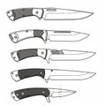 Illustration of five knife designs with full tang construction. Each knife features a Royalty Free Stock Photo