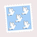 An illustration of five white doves on blue background. Cartoon style flying pigeons.