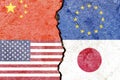 Illustration of flags indicating the political conflict between China-EU-USA-Japan