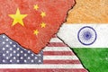 Illustration of flags indicating the political conflict between China-India-USA