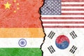 Illustration of flags indicating the political conflict between China-USA-India-South Korea
