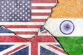 Illustration of flags indicating the political conflict between USA-India-UK