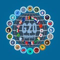 Illustration of flags and maps of the G-20 countries in the form of a logo on a globe. G20, top twenty economies of the world. Royalty Free Stock Photo