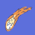 Illustration of a flaming comet on a blue background with a tail and aura