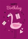 Illustration with flamingo and the inscription happy birhday on a pink background. Greeting card with flamingo, gift box