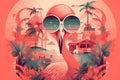flamingo with sunglasses and palms, surreal abstract tropical collage with a vintage retro style. Generative AI