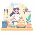 Illustration in the flat style of a pastry chef making a cake.