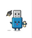 Illustration of flash drive usb cartoon throwing the hat at graduation