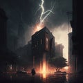 Illustration of a flash of lightning over the city. Lightning strike in the sky over buildings