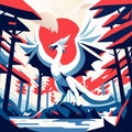 illustration in flat cartoon style. Landscape with flying swan, sea, palm trees, sun and sky. Travel to Japan concept AI Generated