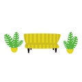 Illustration in flat cartoon style. Yellow striped sofa and plants on the sides.