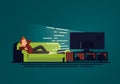 An illustration in flat design of a man lying on the couch who watches TV. Sofa and television set in dark room on the blue backgr