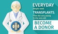 Illustration of flat design. poster transplantation organs. Become a donor.