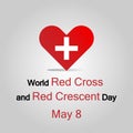 Illustration flat design. World Red Cross and Red Crescent Day concept. May 8. White Red Cross symbol on a red heart. Gray