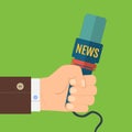 Illustration of a flat icon hand holding a microphone, reporter of news interviews, press conference
