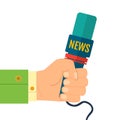 Illustration of a flat icon hand holding a microphone, reporter of news interviews, press conference