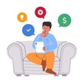 Illustration flat man thinking in sofa money cash financial gear check list while holding tablet device planning