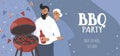 Illustration in a flat style, a banner for the site. happy man and woman grilling barbecue