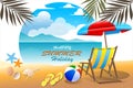 illustration flat style happy summer holiday background of sea shore. Good sunny day. Deck chair and beach umbrella on the sand Royalty Free Stock Photo