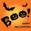 Illustration in flat style for the holiday halloween. Boo, happy halloween, spider web, pumpkins with face, bats on an orange back Royalty Free Stock Photo