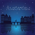 Illustration in a flat style. Kiss on the bridge. In the sky there is an inscription of stars Amsterdam. Reflection in water.