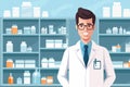 Illustration in flat style of a male pharmacist in a drugstore Royalty Free Stock Photo