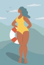 Illustration in flat style, postcard template in retro style. girl in a swimsuit holding a lifebuoy