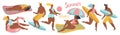 Illustration in flat style - set of elements. various people on the beach - surfers, sunbathing, swimming