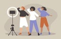 Illustration in a flat style - three girls of different races record a dance video on a smartphone Royalty Free Stock Photo