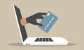 Illustration in a flat style on the topic of fraud on the Internet. a hand in a black glove protrudes from the laptop screen and s