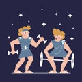 Illustration in a flat style. Two soldiers go in for sports