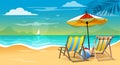 illustration flat style vacation summer holiday background of sea shore. Good sunny day. couple Deck chair and beach umbrella on Royalty Free Stock Photo