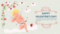 Illustration in a flat style for the Valentines Day holiday flower frame cupid on clouds aiming a bow background notebook sheet in