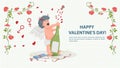 Illustration in a flat style for the Valentines Day holiday flower frame cupid with wings opens a bottle with a drink background