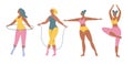 Illustration in flat style - various girls doing fitness and gymnastics